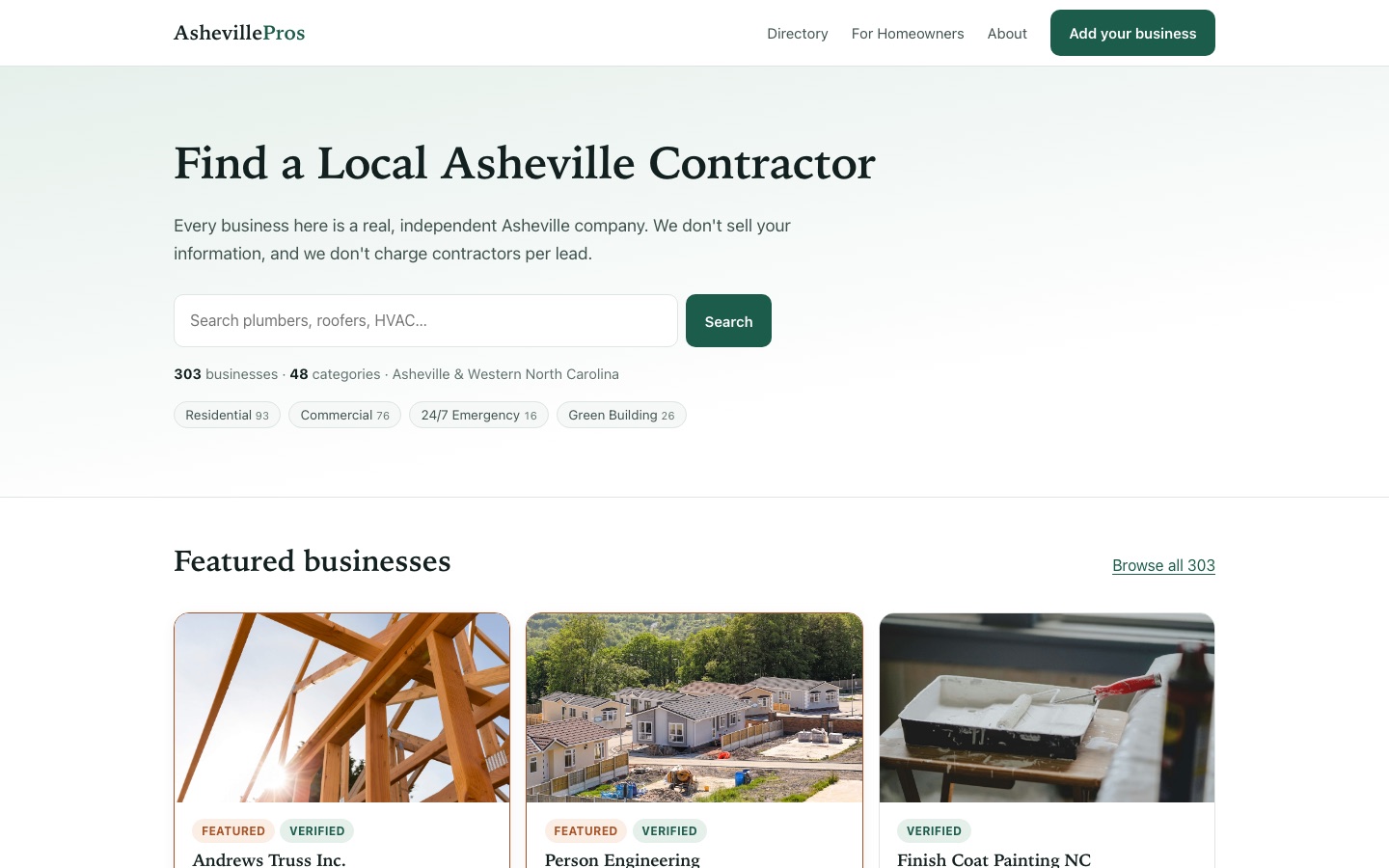 AshevillePros.com homepage showing the Find a Local Asheville Contractor search and featured business listings