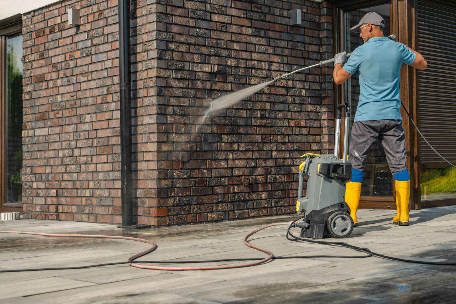 A contractor pressure washing the brick façade of a house