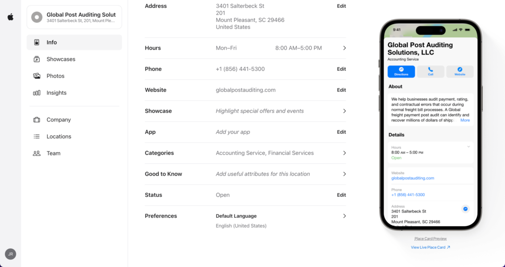 Image of business details inside of Apple Business