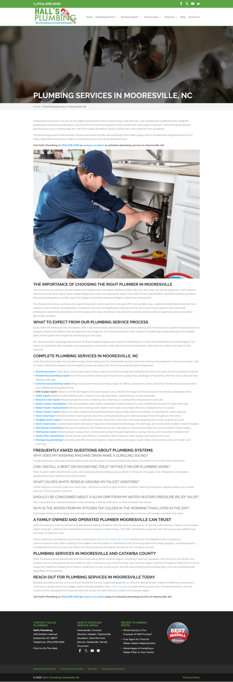 Halls Plumbing, Mooresville service area page